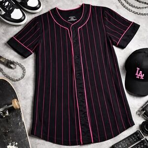 Empyre Mens Y2K Streetwear Skater Baseball Jersey Black Pink Pinstripe Shirt M